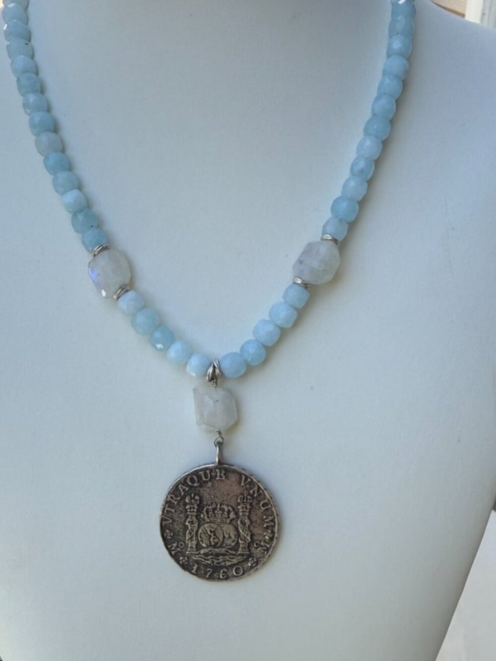 Vintage Spanish Coin Necklace – Blue Jade. Moonstones. Silver Medallion Pendant.
